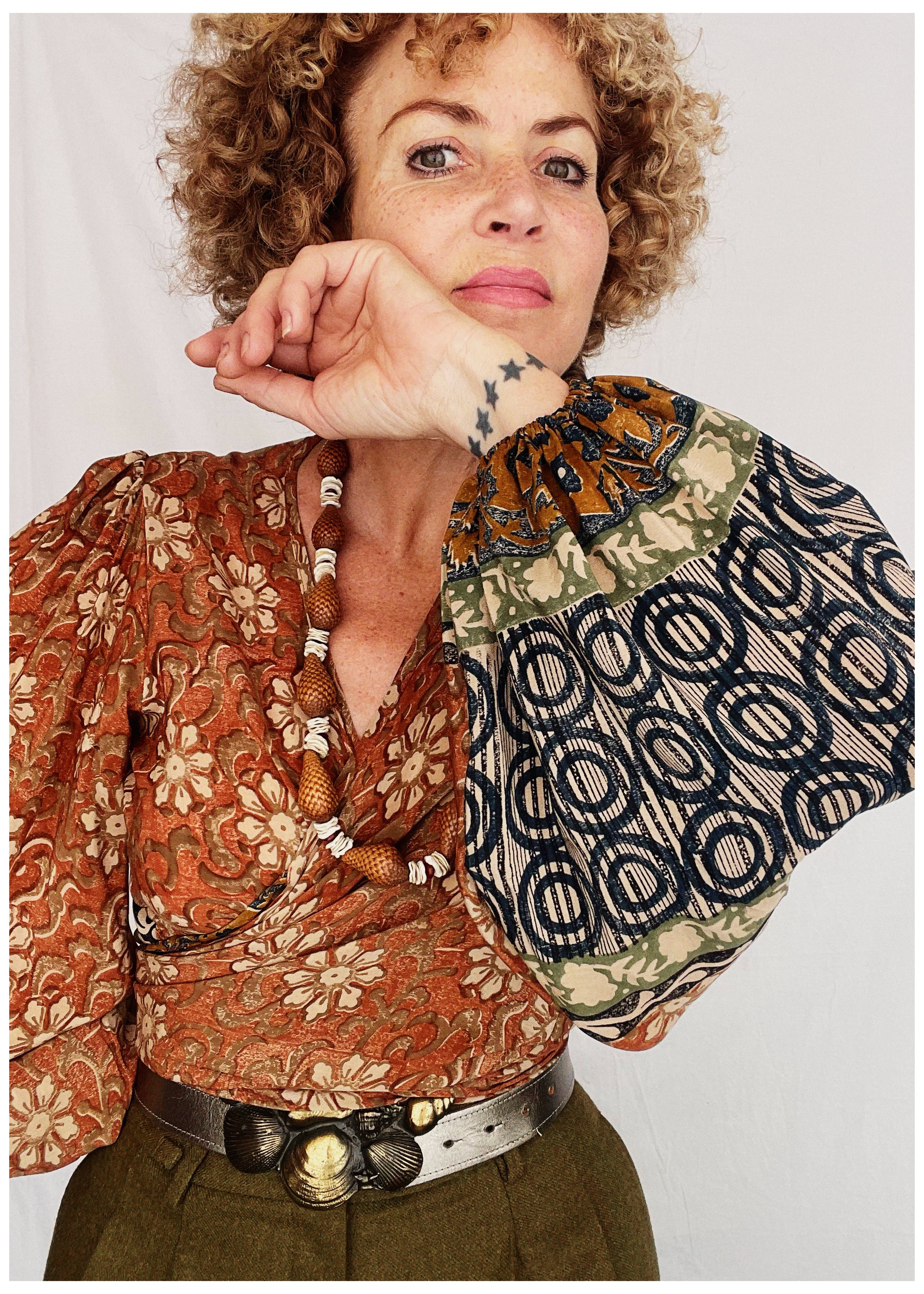 Hoya Silk Crepe Balloon Sleeve Wrap Top ~ Umber S