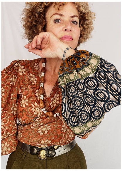 Hoya Silk Crepe Balloon Sleeve Wrap Top ~ Umber S