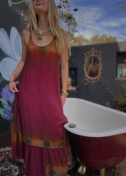 Eustoma Silk Crepe Swing Maxi Dress ~ Garnet XS