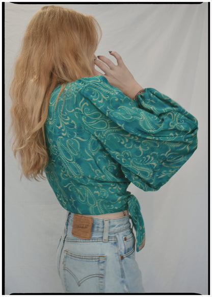 Hoya Silk Crepe Balloon Sleeve Wrap Top ~ Crystal S