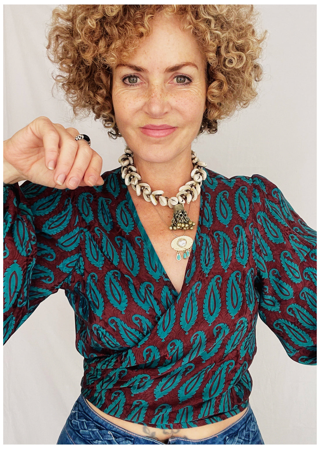 Hoya Silk Crepe Balloon Sleeve Wrap Top ~ Celestial S