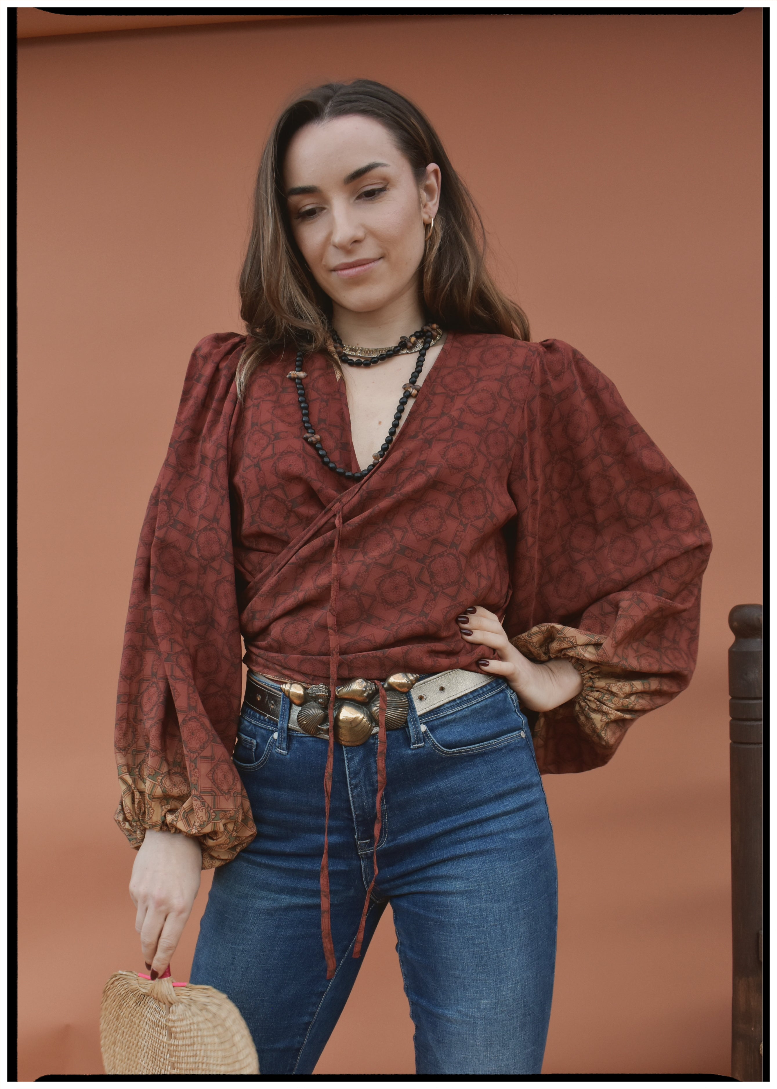 Hoya Silk Crepe Balloon Sleeve Wrap Top ~ Sequoia L