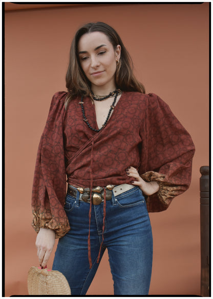 Hoya Silk Crepe Balloon Sleeve Wrap Top ~ Sequoia L