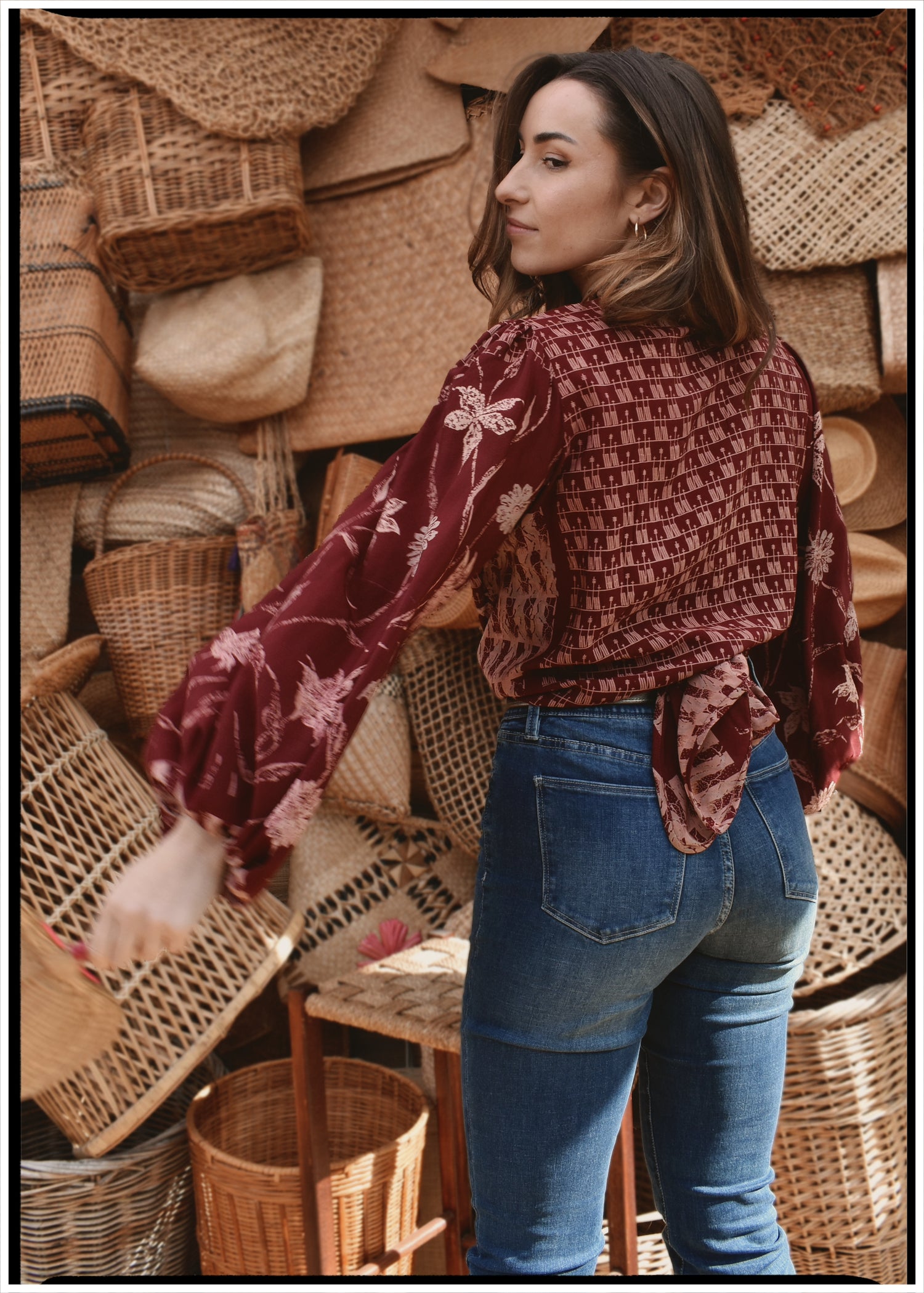 Hoya Silk Crepe Balloon Sleeve Wrap Top ~ Burgundy XL