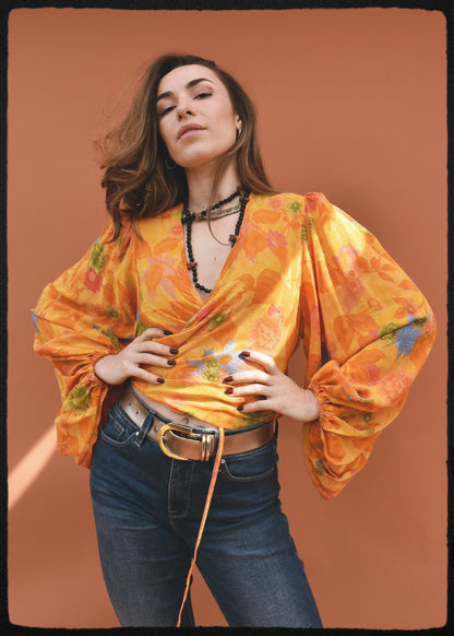 Hoya Silk Crepe Balloon Sleeve Wrap Top ~ Saffron XL