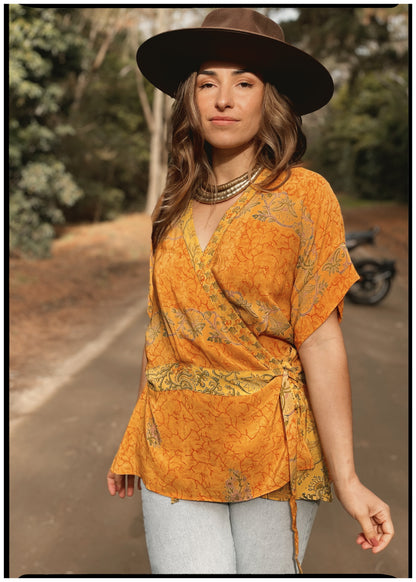 Bassia Silk Crepe Cross Tie Front Blouse ~ Marigold XL
