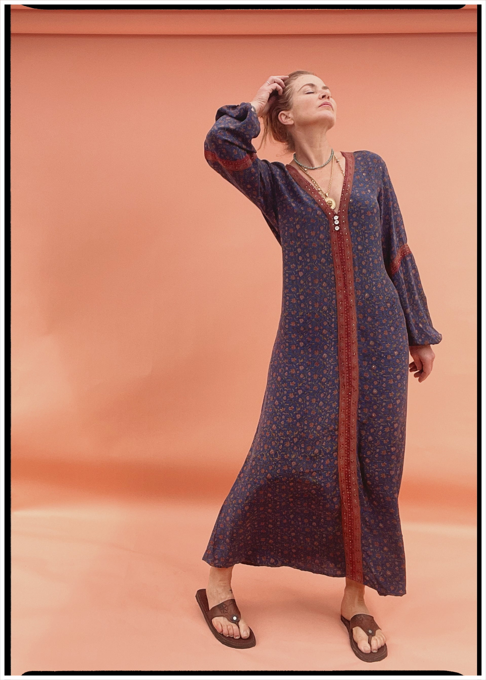 Zea Silk Crepe Kaftan Maxi Dress ~ Astral L