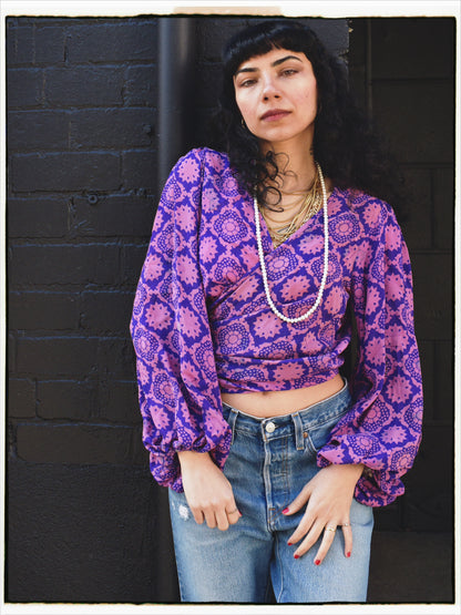Hoya Silk Crepe Balloon Sleeve Wrap Top ~ Amaranth XS