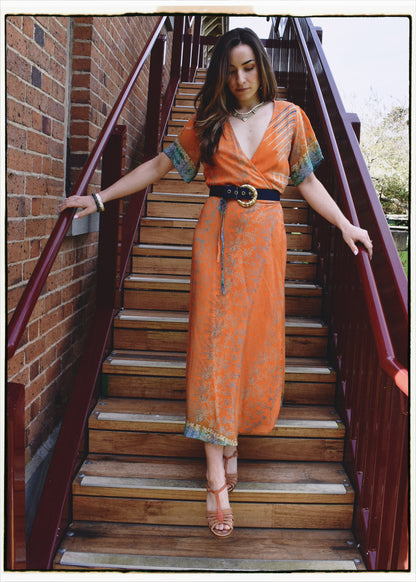 Liatris Silk Crepe Flutter Sleeve Wrap Dress ~ Spice S