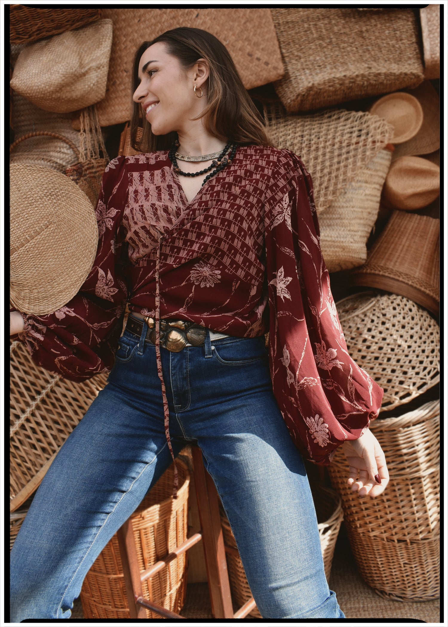 Hoya Silk Crepe Balloon Sleeve Wrap Top ~ Burgundy XL