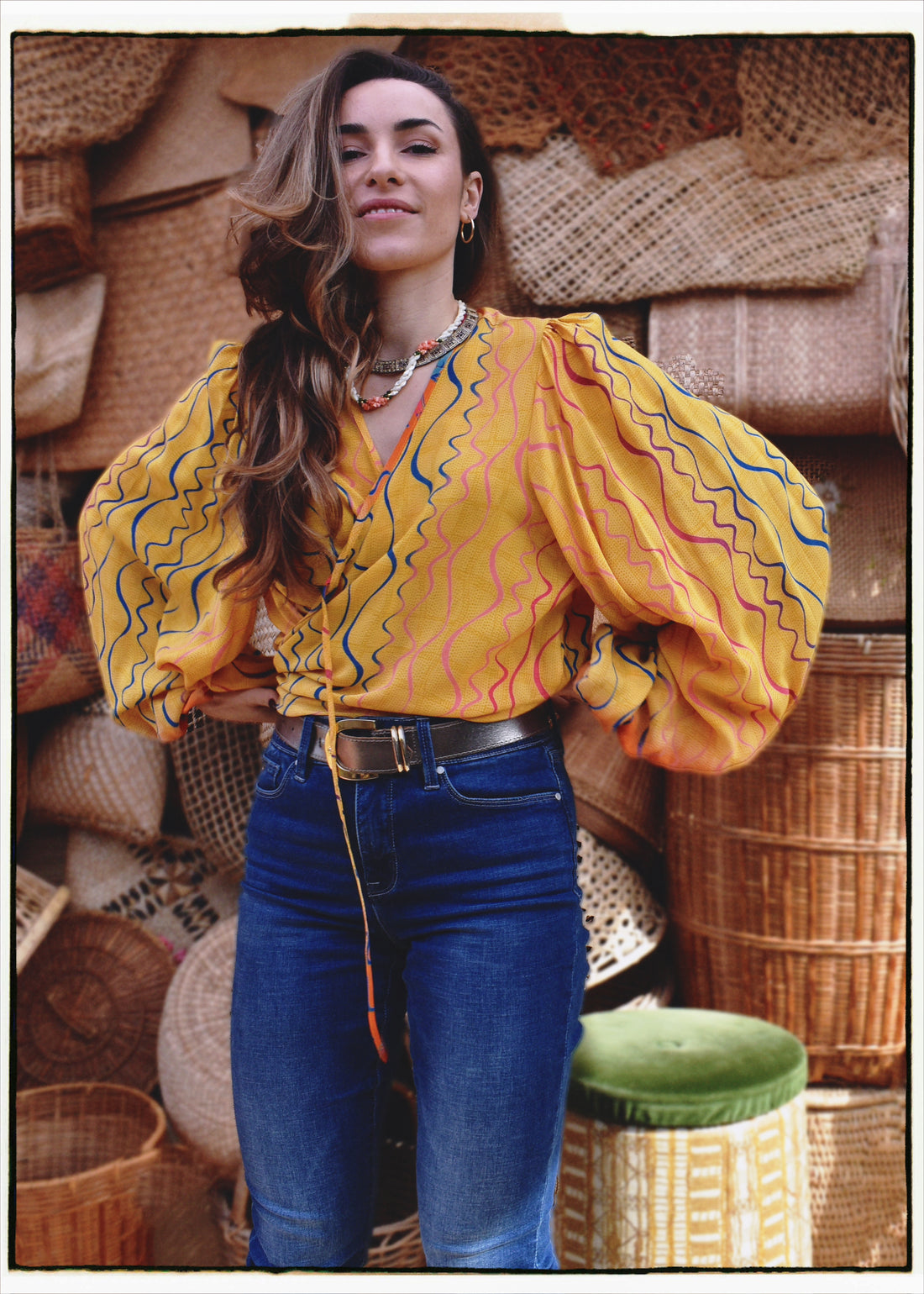Hoya Silk Crepe Balloon Sleeve Wrap Top ~ Calendula XL