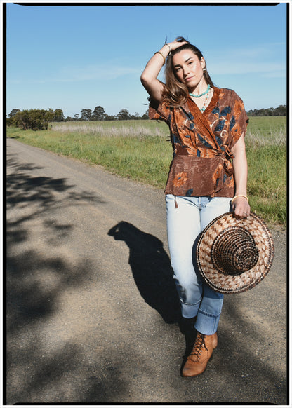 Bassia Silk Crepe Cross Tie Front Blouse ~ Sunflower M