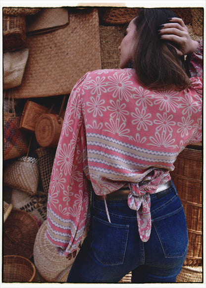Hoya Silk Crepe Balloon Sleeve Wrap Top ~ Taos XL