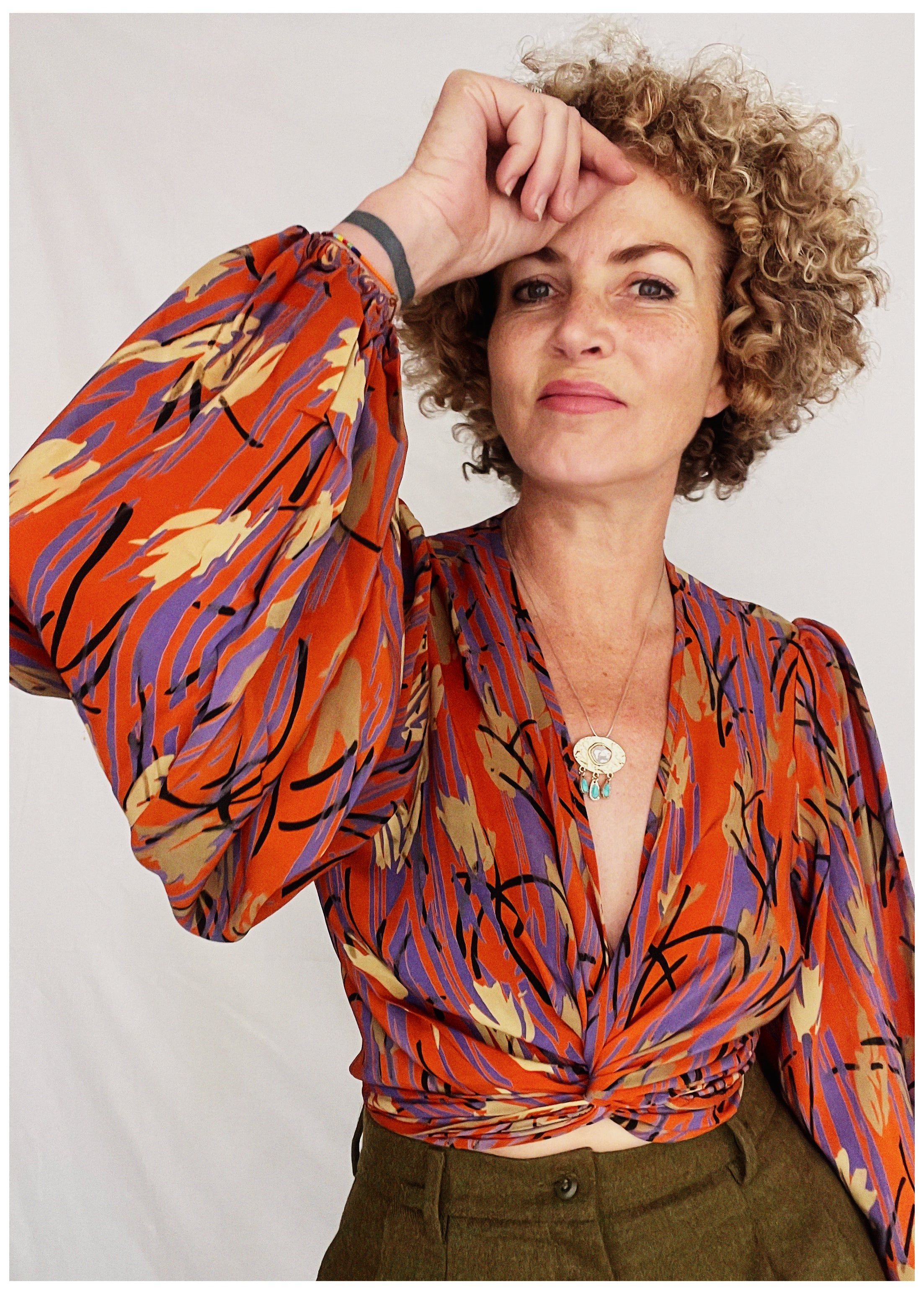 Hoya Silk Crepe Balloon Sleeve Wrap Top ~ Tangerine L