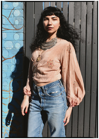 Hoya Silk Crepe Balloon Sleeve Wrap Top ~ Jewel XS