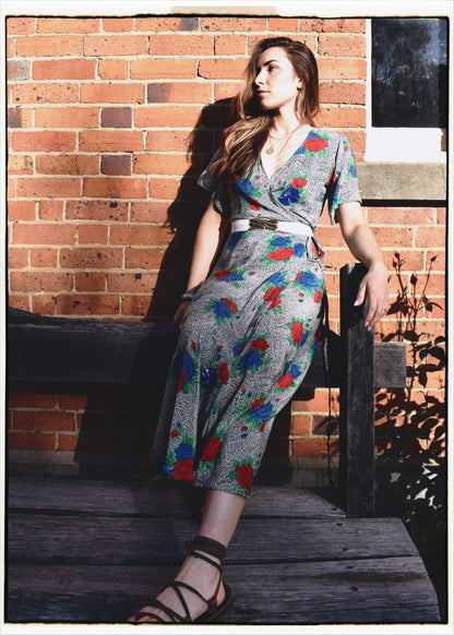 Liatris Silk Crepe Flutter Sleeve Wrap Dress ~ Cloisonné S