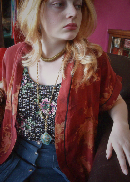 Pilea Silk Crepe Wrap Kimono Top ~ Ochre L/XL