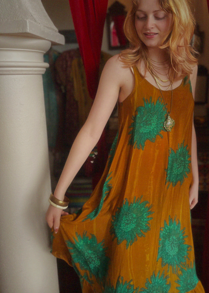 Eustoma Silk Crepe Swing Maxi Dress ~ Tawny M