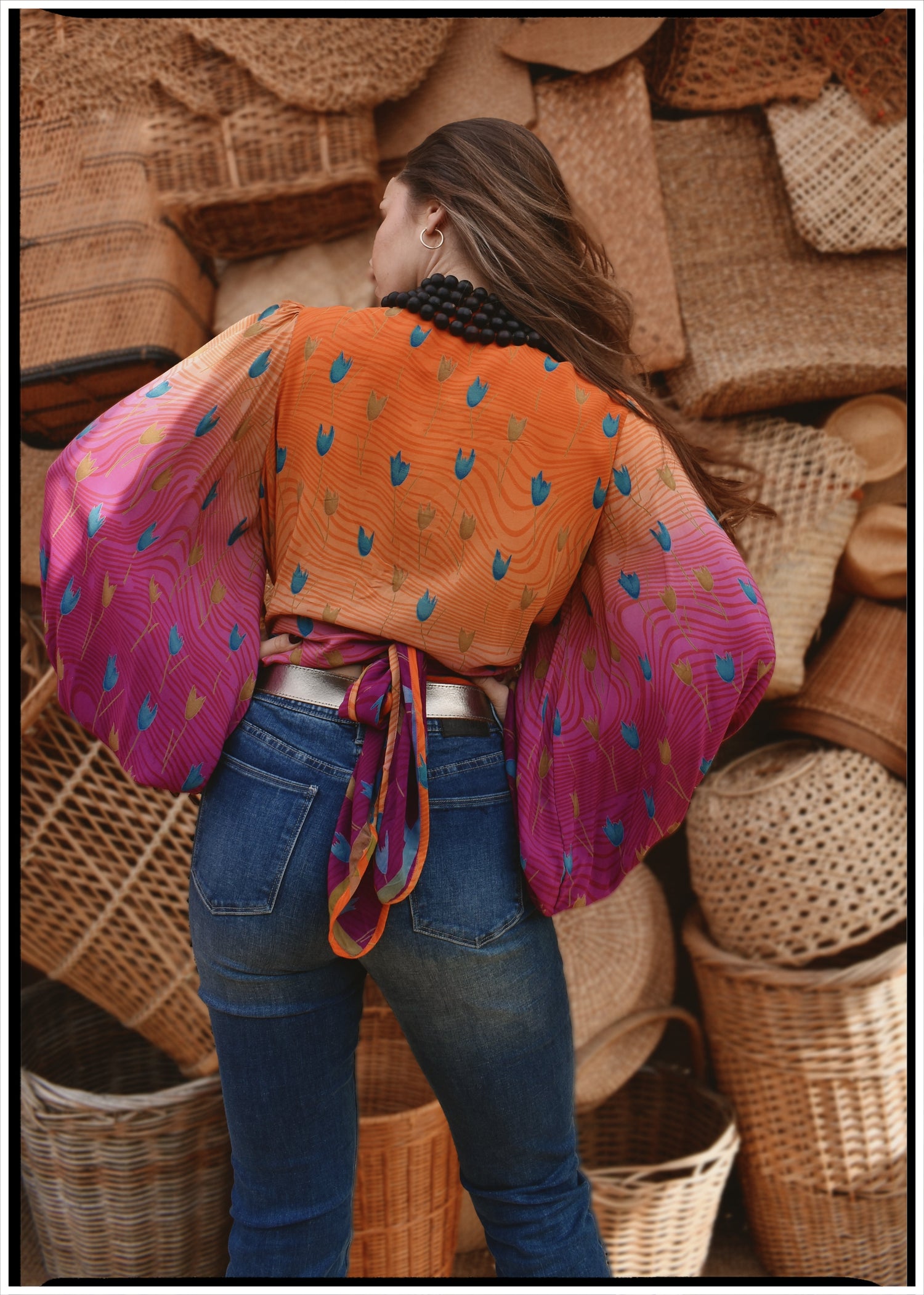 Hoya Silk Crepe Balloon Sleeve Wrap Top ~ Tequila Sunrise XL