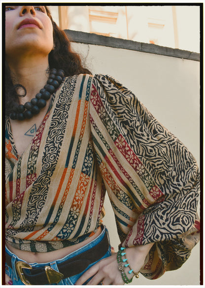 Hoya Silk Crepe Balloon Sleeve Wrap Top ~ Nomad S