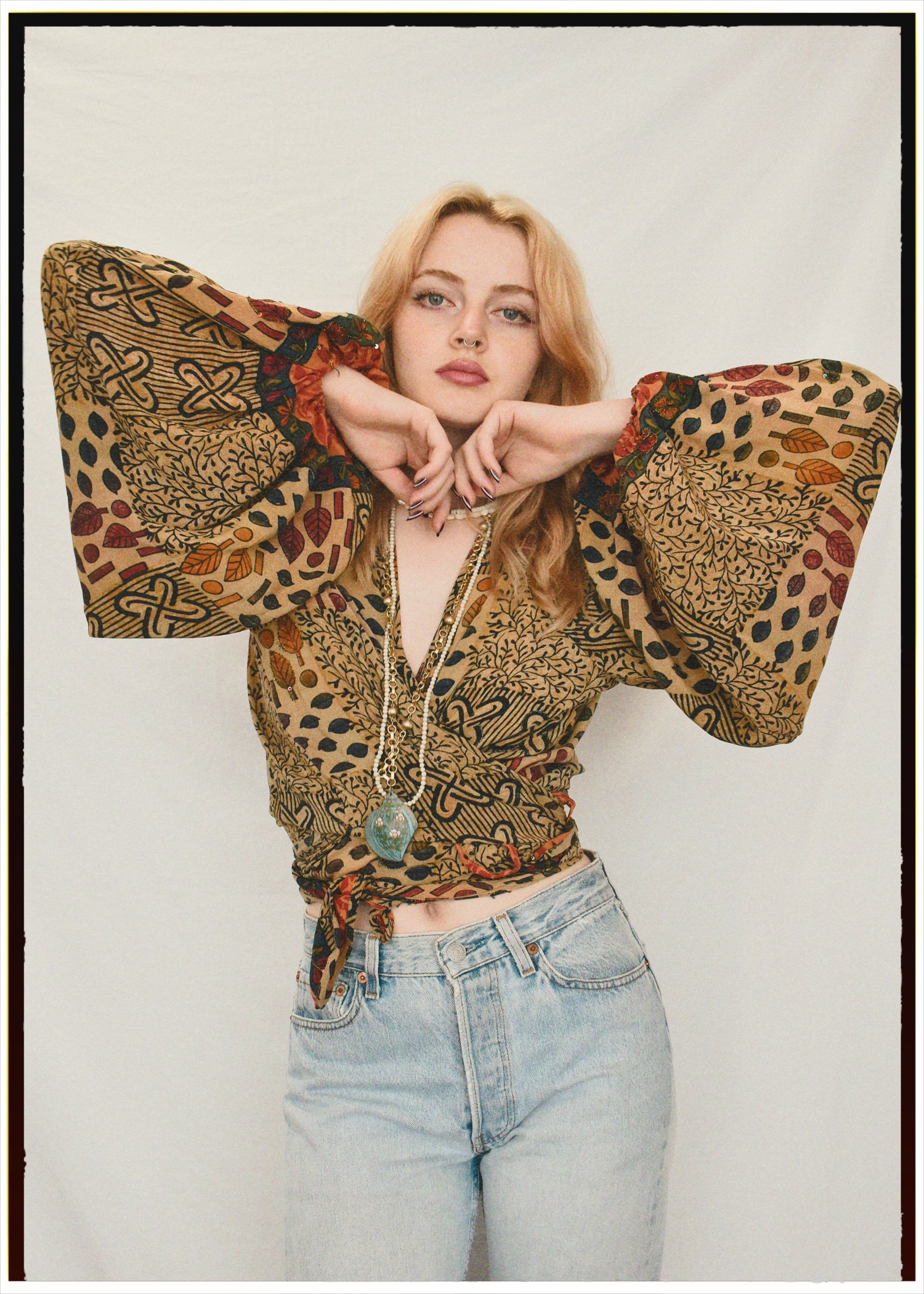 Hoya Silk Crepe Balloon Sleeve Wrap Top ~  Festival L