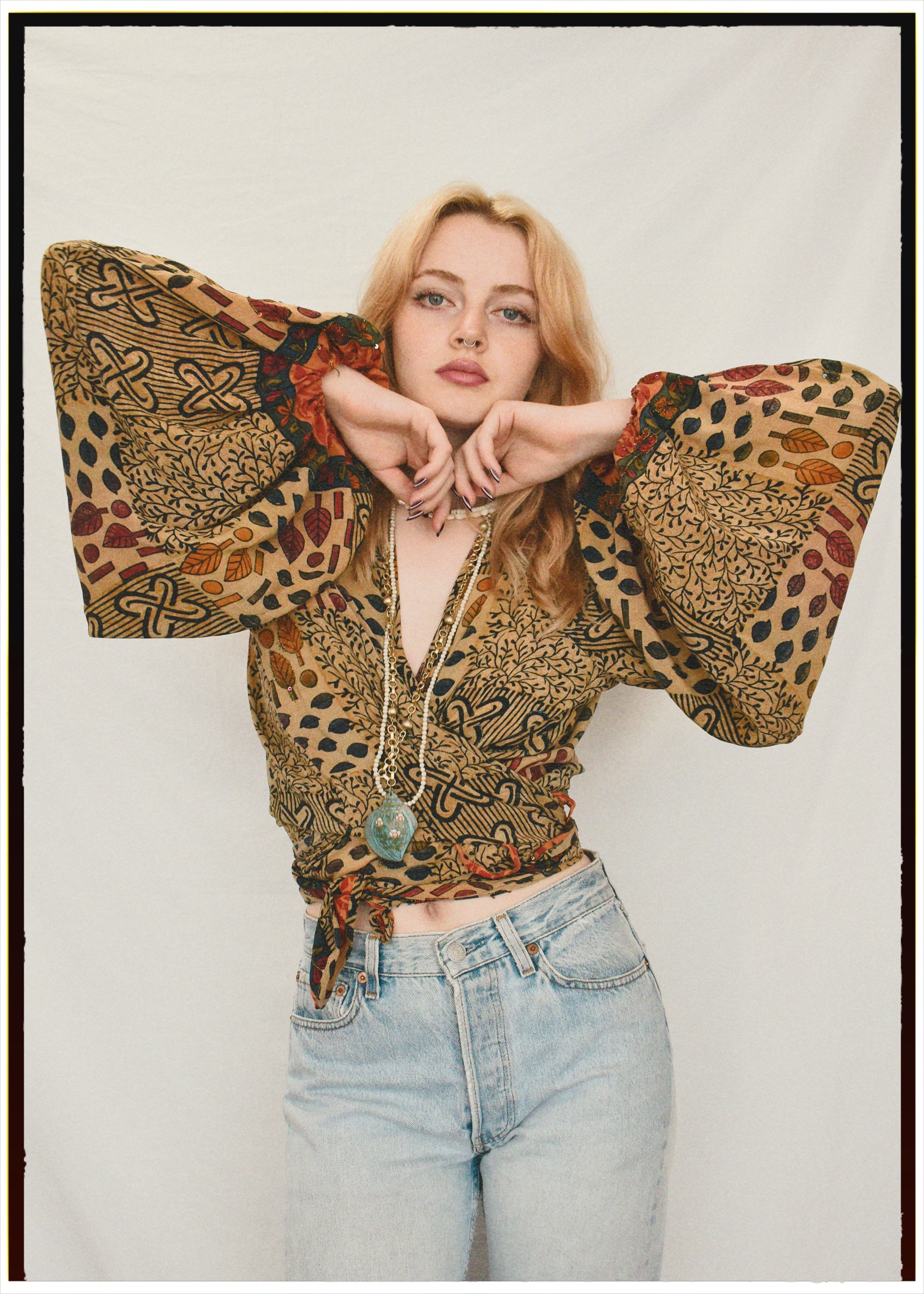 Hoya Silk Crepe Balloon Sleeve Wrap Top ~  Festival L