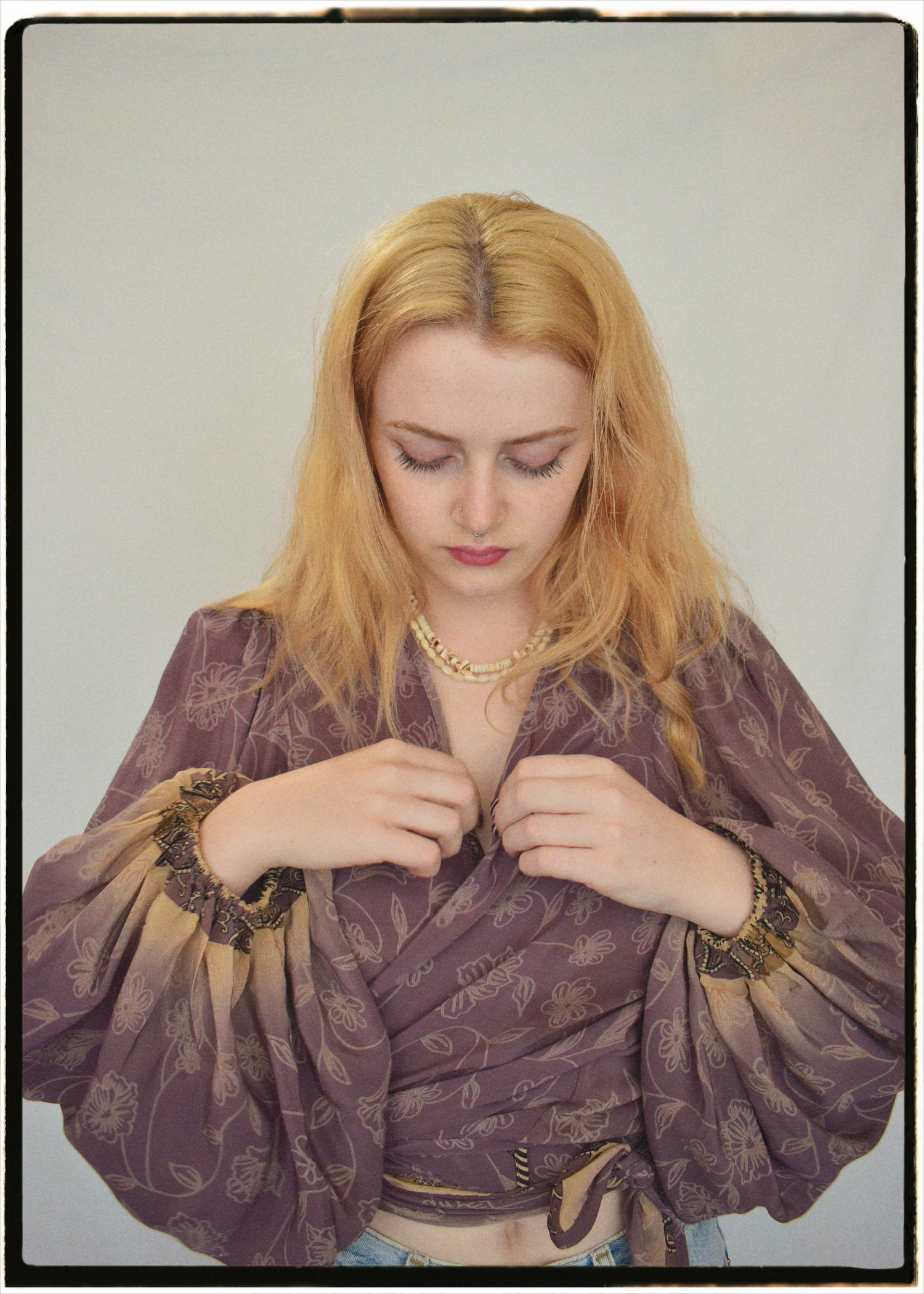 Hoya Silk Crepe Balloon Sleeve Wrap Top ~ Dusty Mauve L