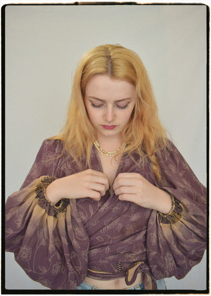 Hoya Silk Crepe Balloon Sleeve Wrap Top ~ Dusty Mauve L
