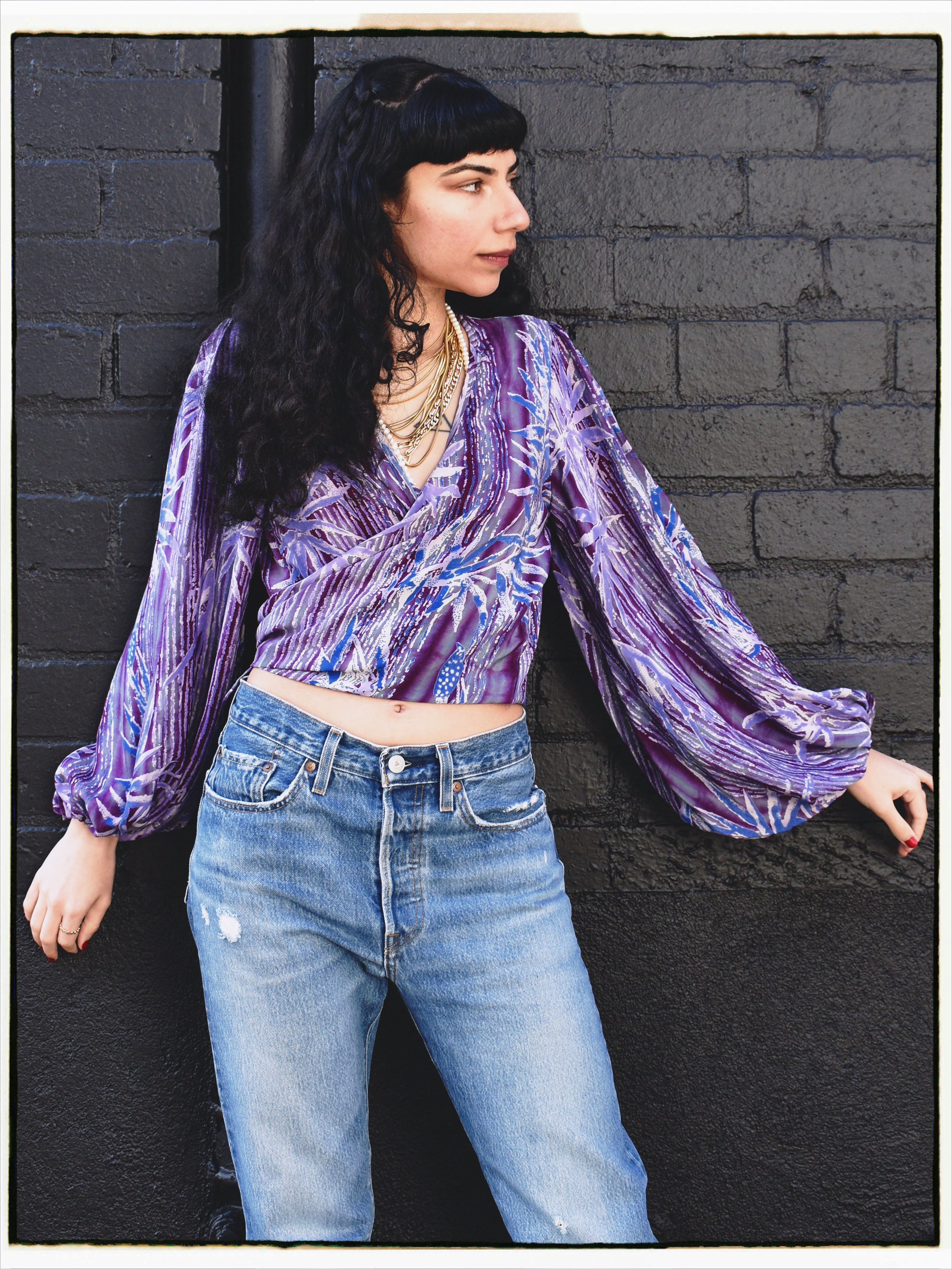 Hoya Silk Crepe Balloon Sleeve Wrap Top ~ Mauve XS