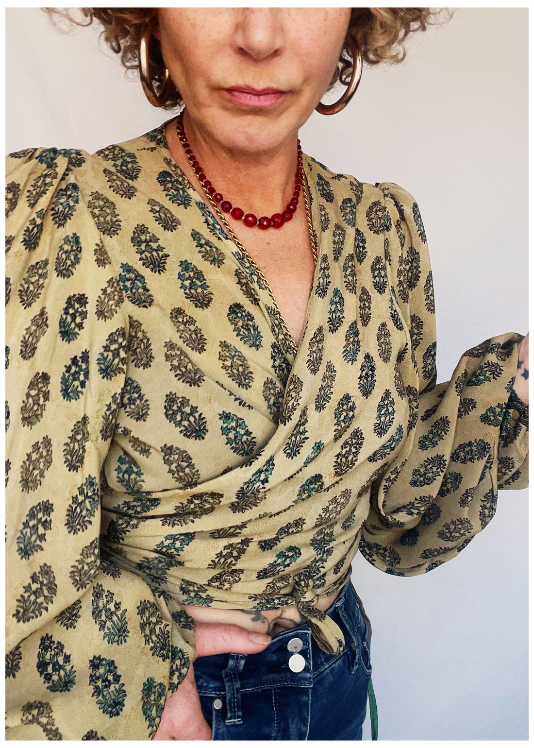 Hoya Silk Crepe Balloon Sleeve Wrap Top ~ Beeswax L