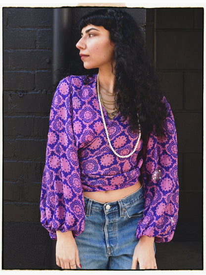 Hoya Silk Crepe Balloon Sleeve Wrap Top ~ Amaranth XS