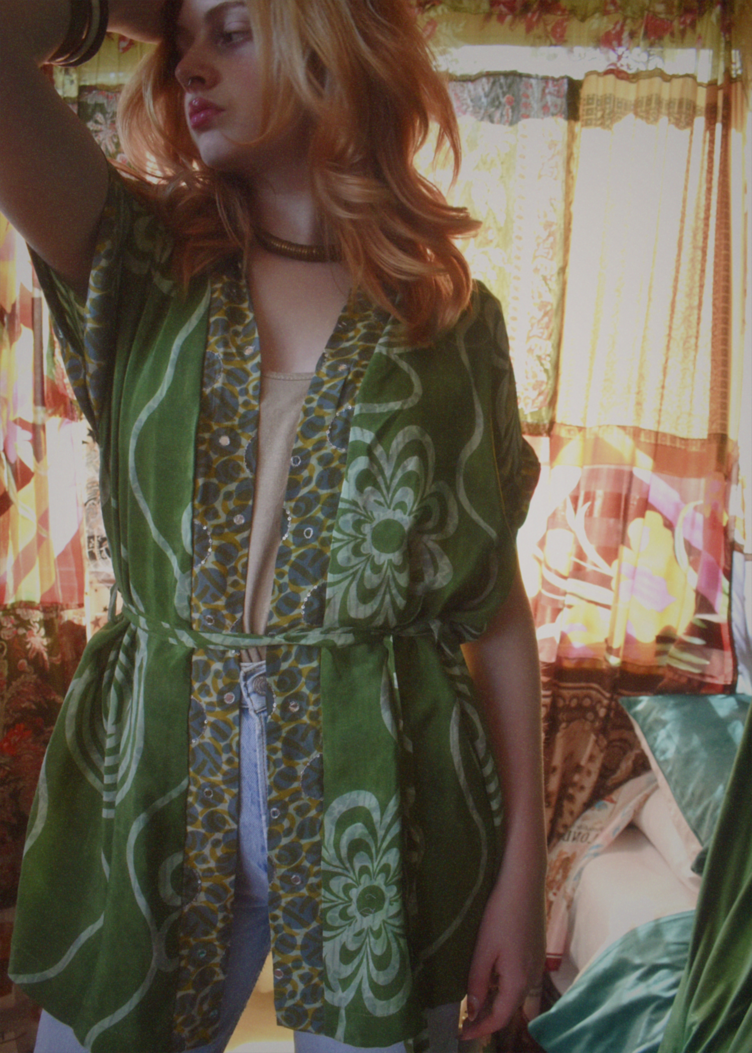 Pilea Silk Crepe Wrap Kimono Top ~ Kiwi L/XL