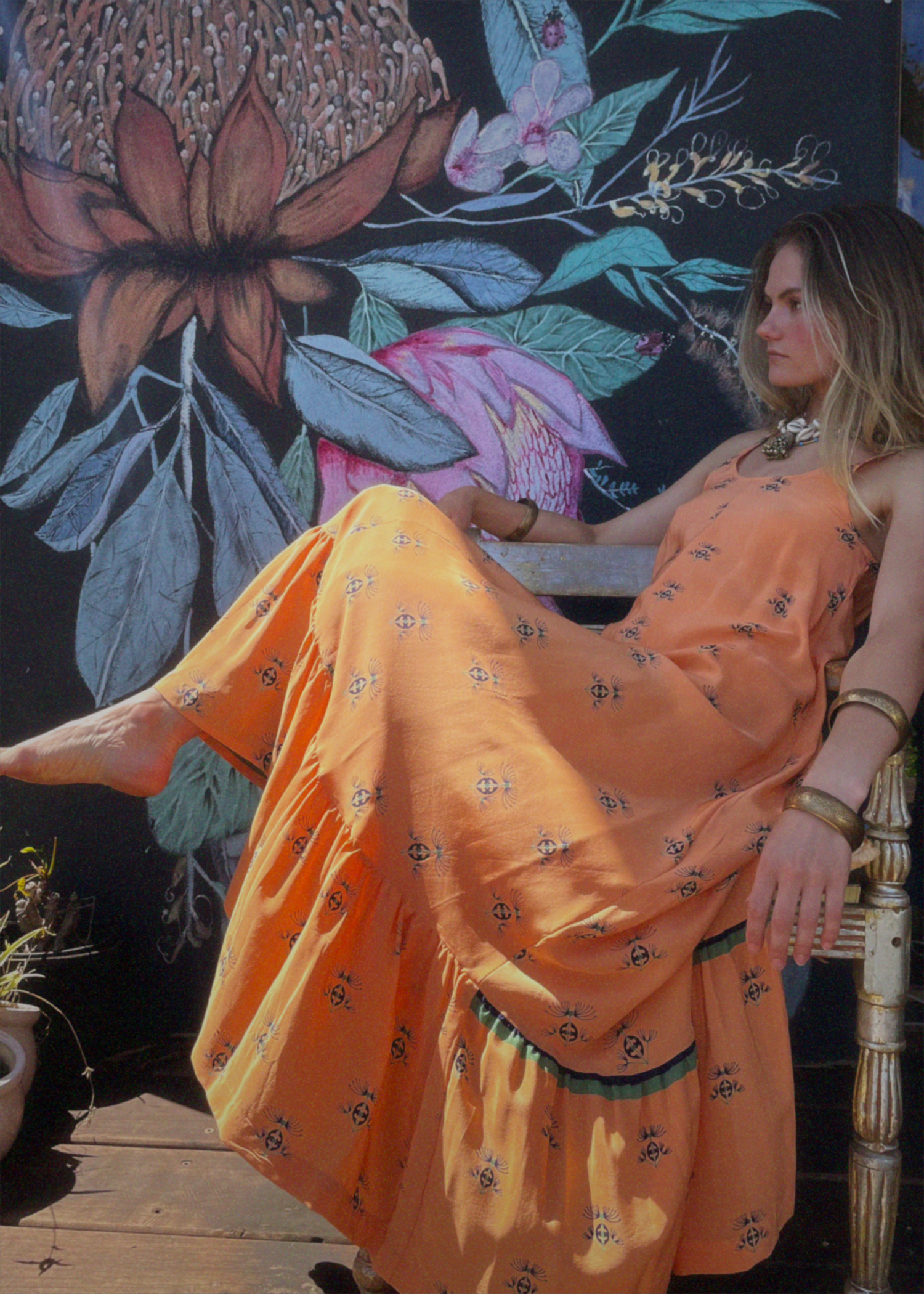 Eustoma Silk Crepe Swing Maxi Dress ~ Coral XS