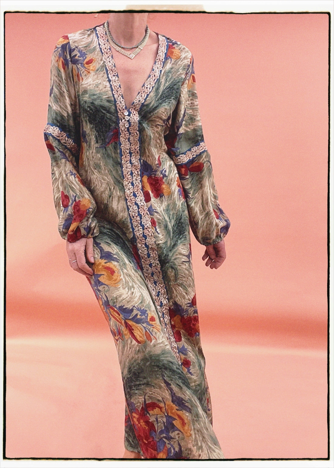 Zea Silk Crepe Kaftan Maxi Dress ~  Antique M
