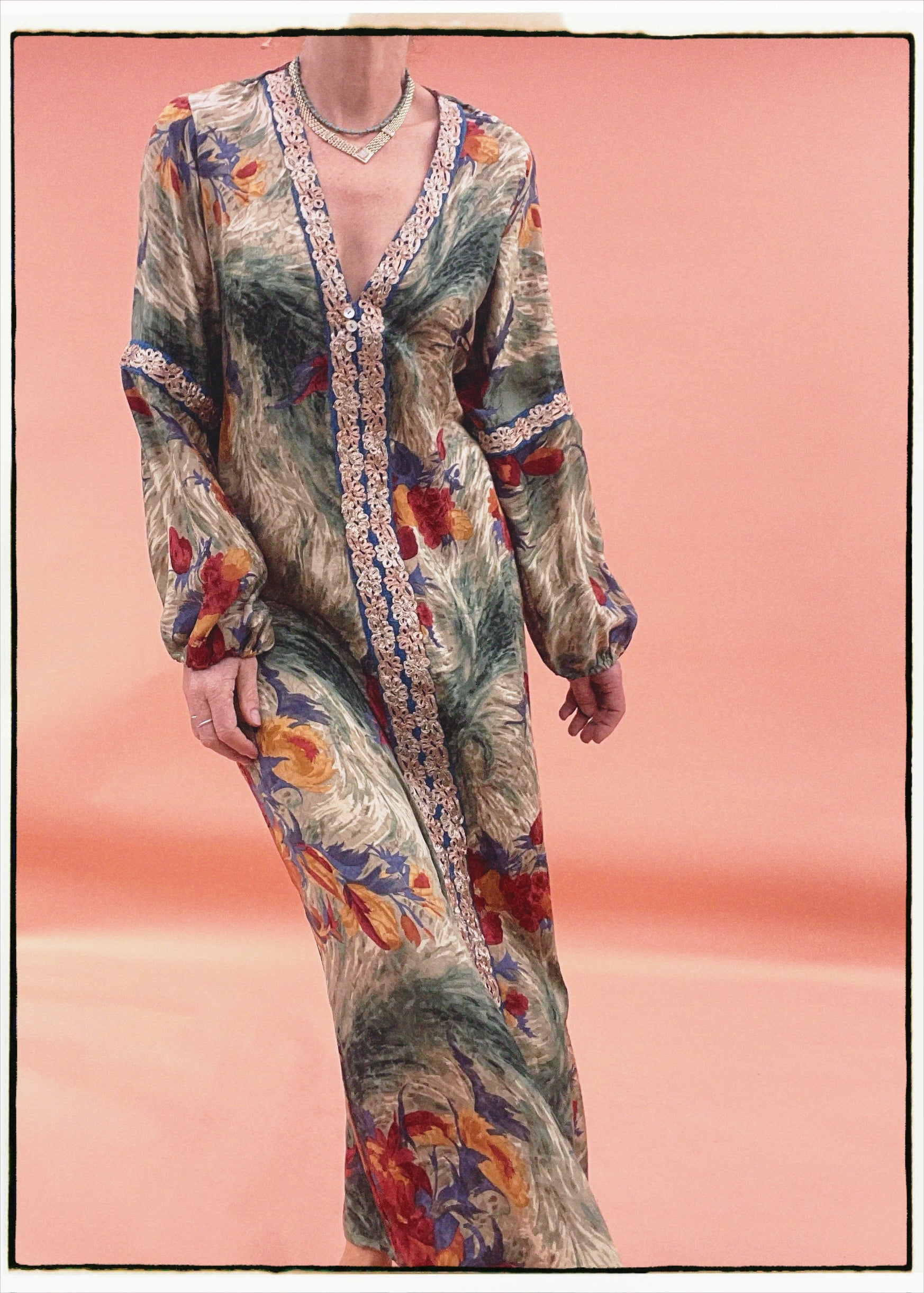 Zea Silk Crepe Kaftan Maxi Dress ~  Antique M