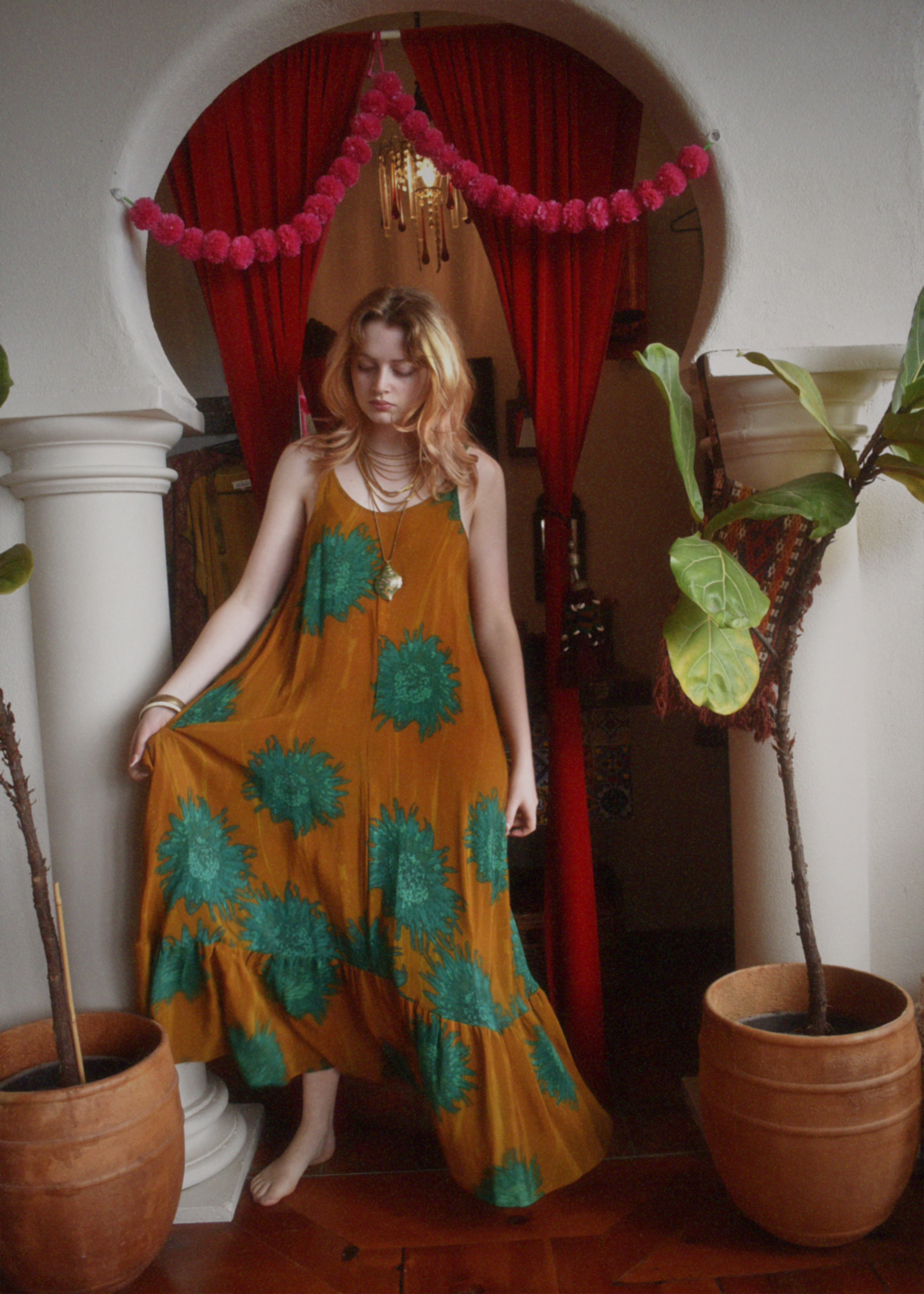 Eustoma Silk Crepe Swing Maxi Dress ~ Tawny M