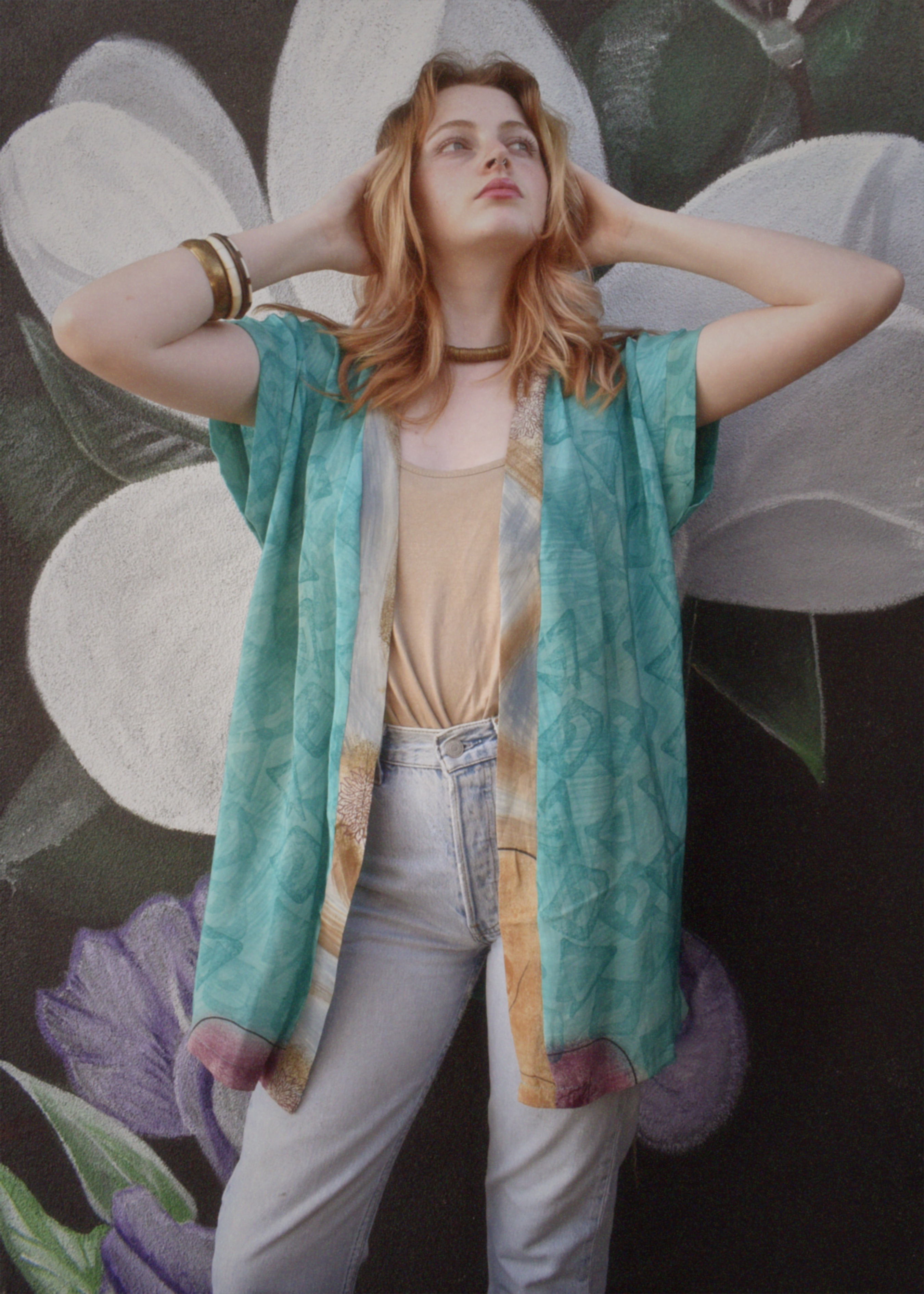 Pilea Silk Crepe Wrap Kimono Top ~ Cyan L/XL
