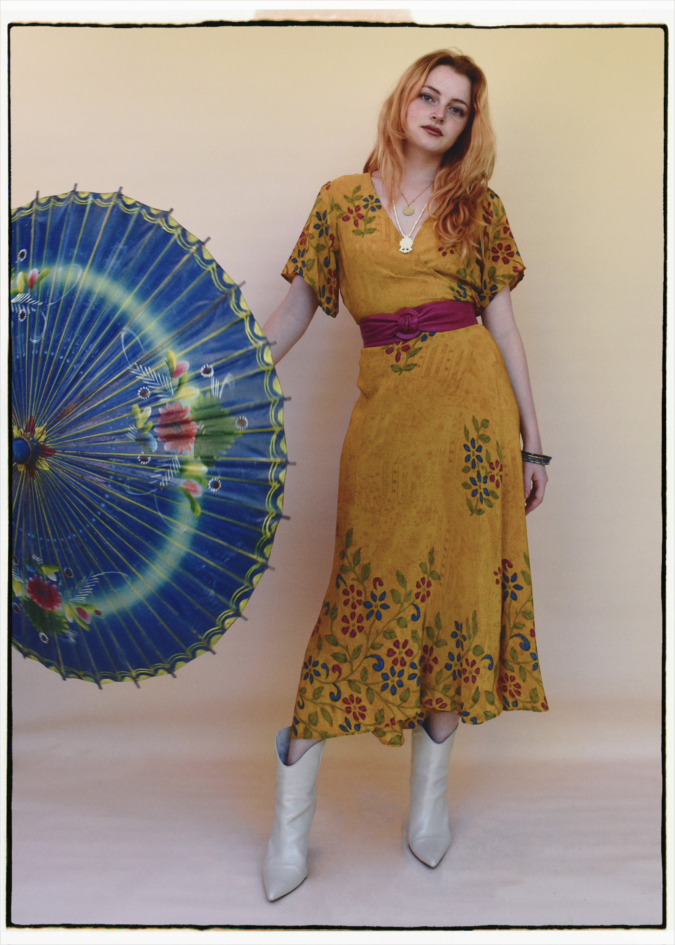 Liatris Silk Crepe Flutter Sleeve Wrap Dress ~ Marigold S