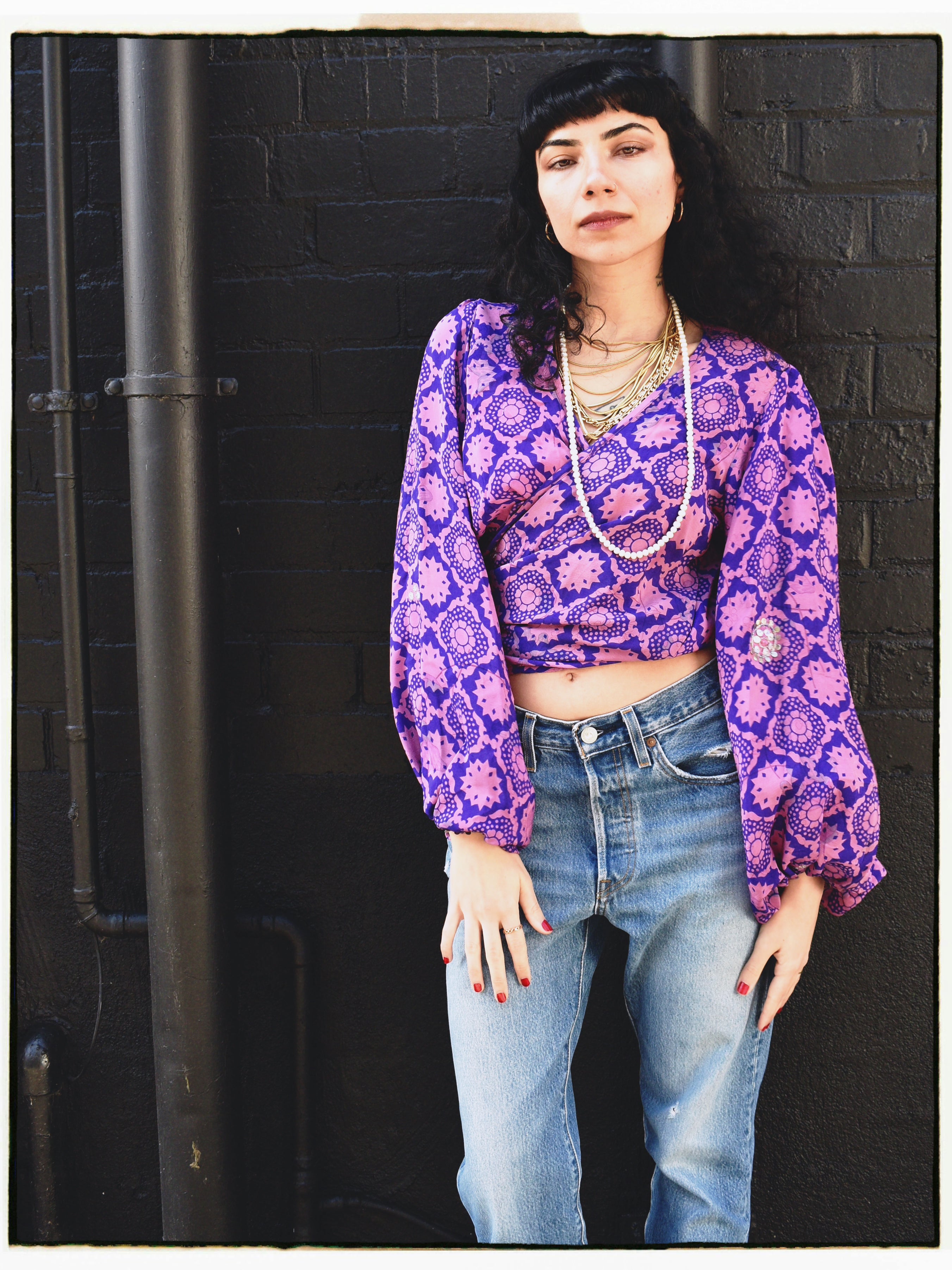 Hoya Silk Crepe Balloon Sleeve Wrap Top ~ Amaranth XS