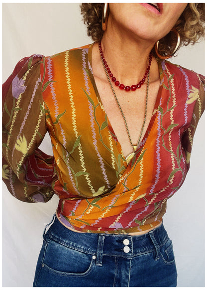 Hoya Silk Crepe Balloon Sleeve Wrap Top ~ Topaz XS