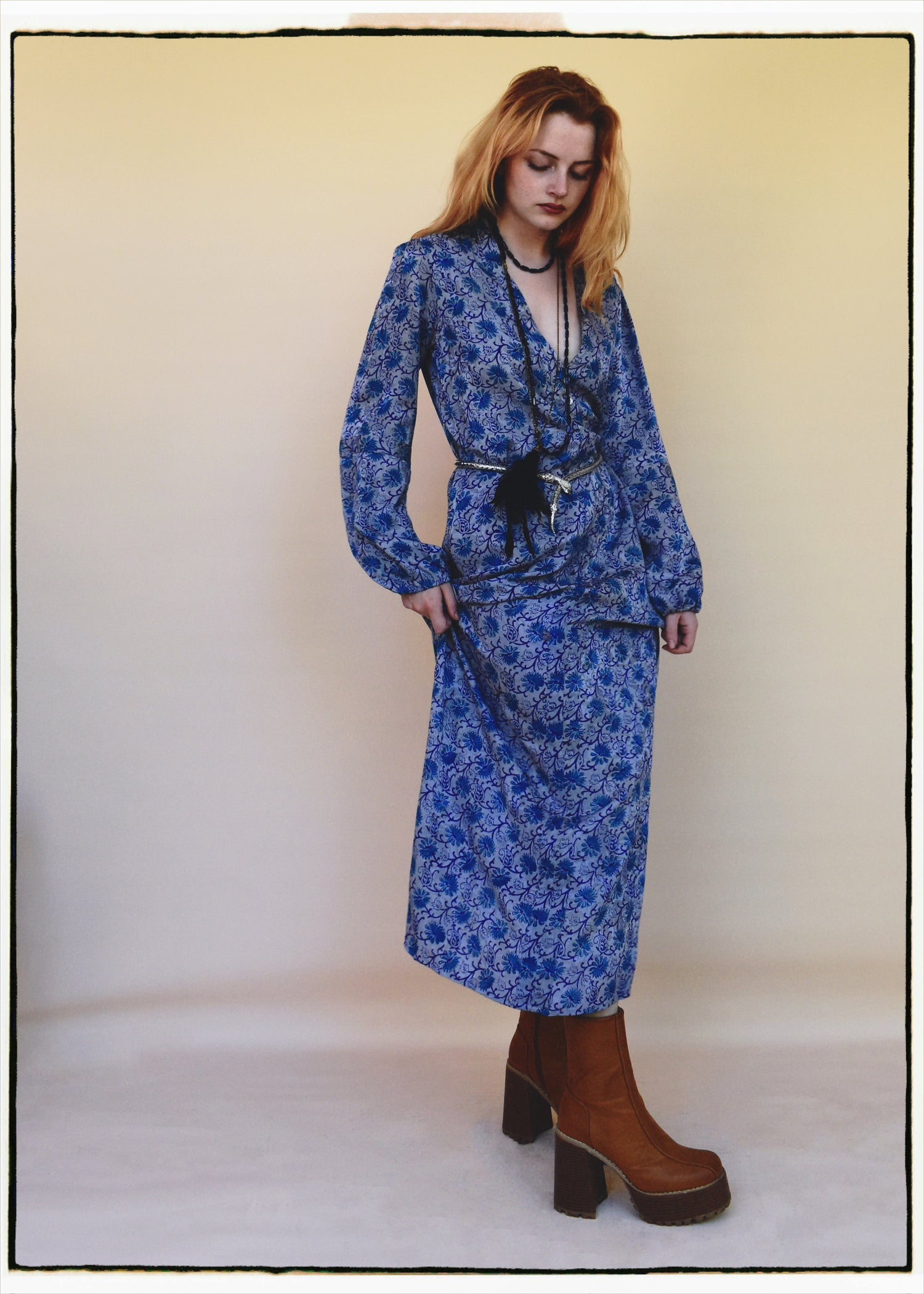 Zea Silk Crepe Kaftan Maxi Dress ~  Aquarius XS