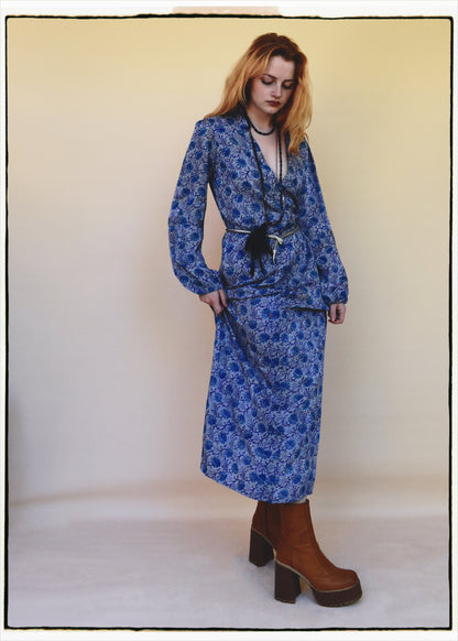 Zea Silk Crepe Kaftan Maxi Dress ~  Aquarius XS