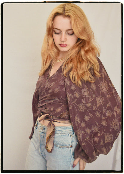 Hoya Silk Crepe Balloon Sleeve Wrap Top ~ Dusty Mauve L