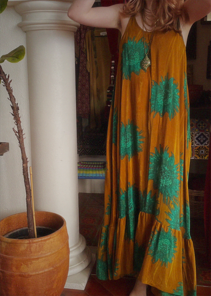 Eustoma Silk Crepe Swing Maxi Dress ~ Tawny M