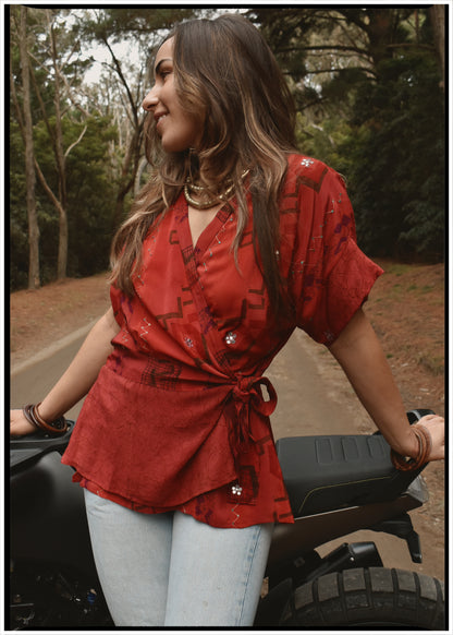 Bassia Silk Crepe Cross Tie Front Blouse ~ Crimson XL