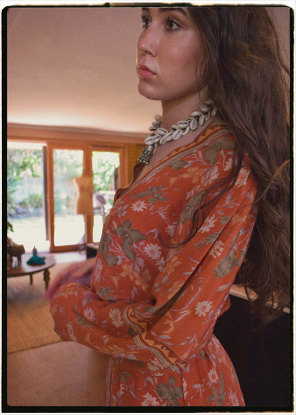 Zea Silk Crepe Kaftan Maxi Dress ~ Amberglow M