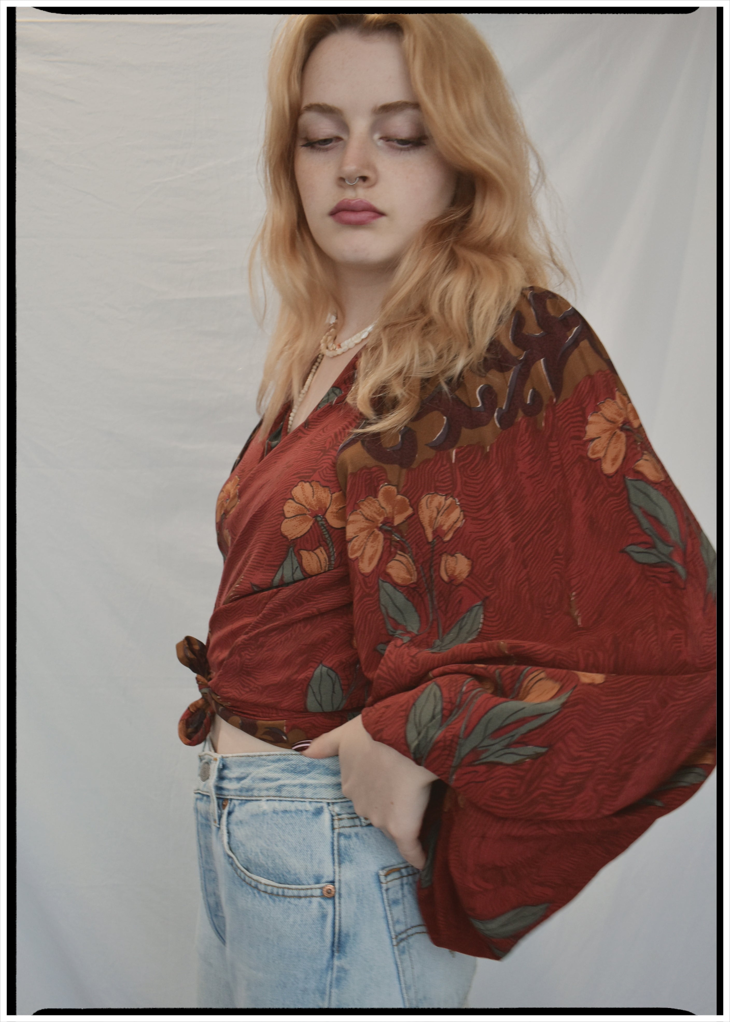 Hoya Silk Crepe Balloon Sleeve Wrap Top ~ Russet XL