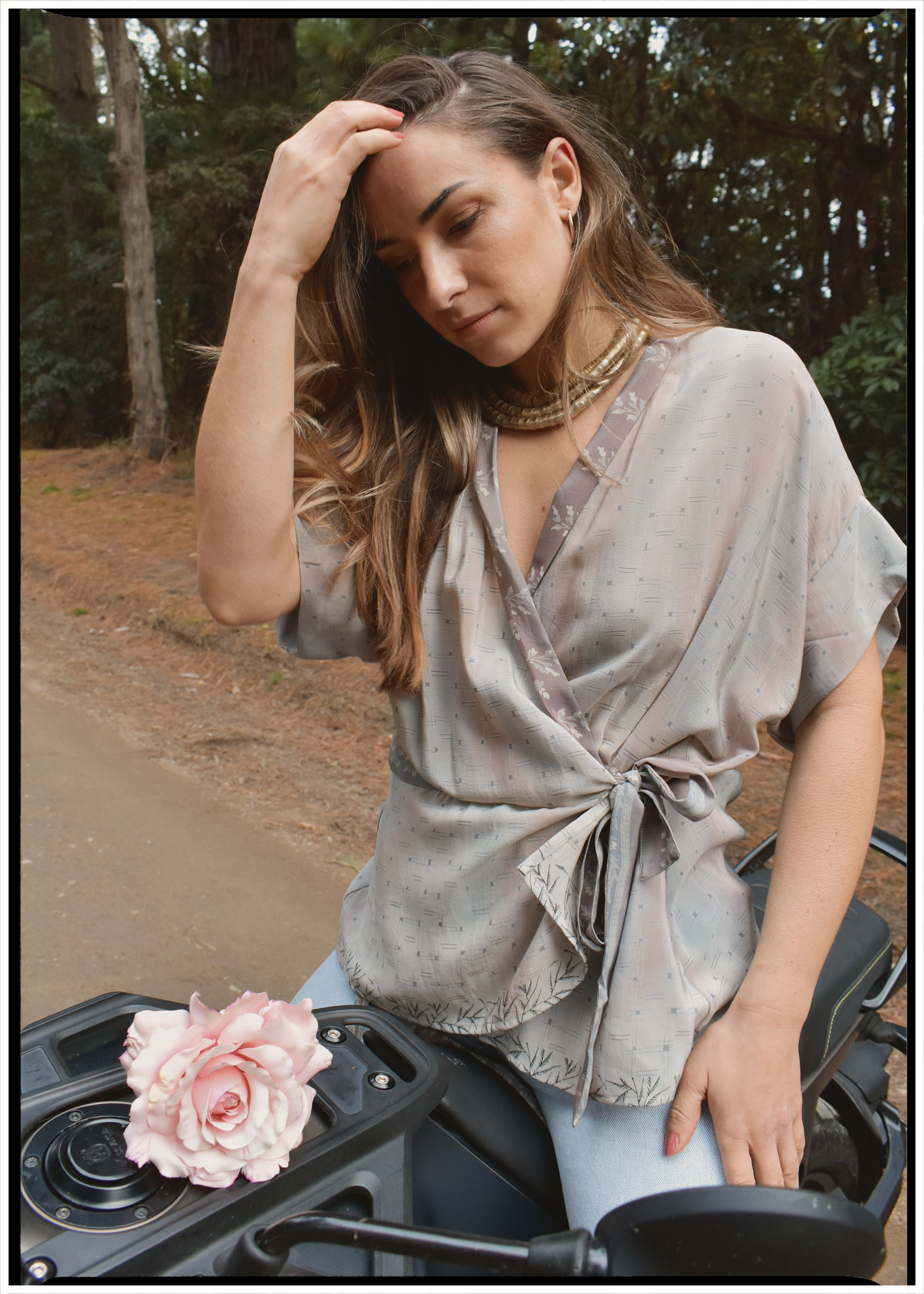 Bassia Silk Crepe Cross Tie Front Blouse ~ Oyster XL