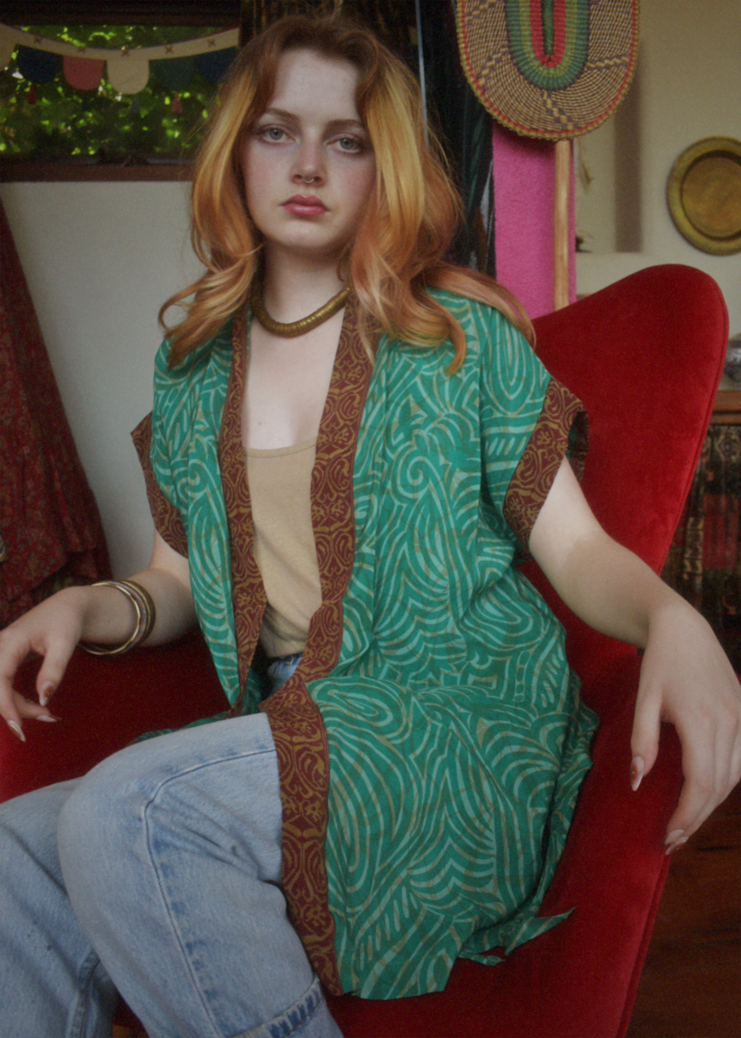 Pilea Silk Crepe Wrap Kimono Top ~ Tambourine L/XL