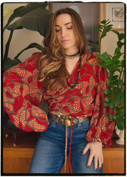 Hoya Silk Crepe Balloon Sleeve Wrap Top ~ Supreme L